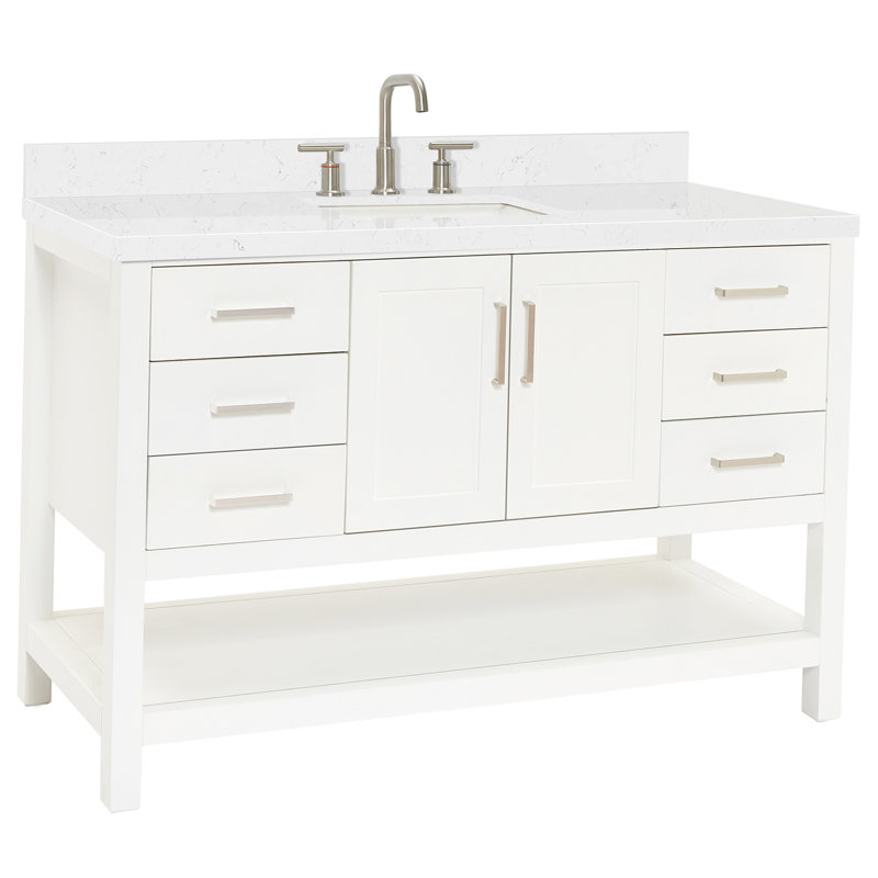Meuble-lavabo simple 54 po avec plateau en quartz blanc Carrara et lavabo rectangulaire ARIEL Moille, Rectangular, White