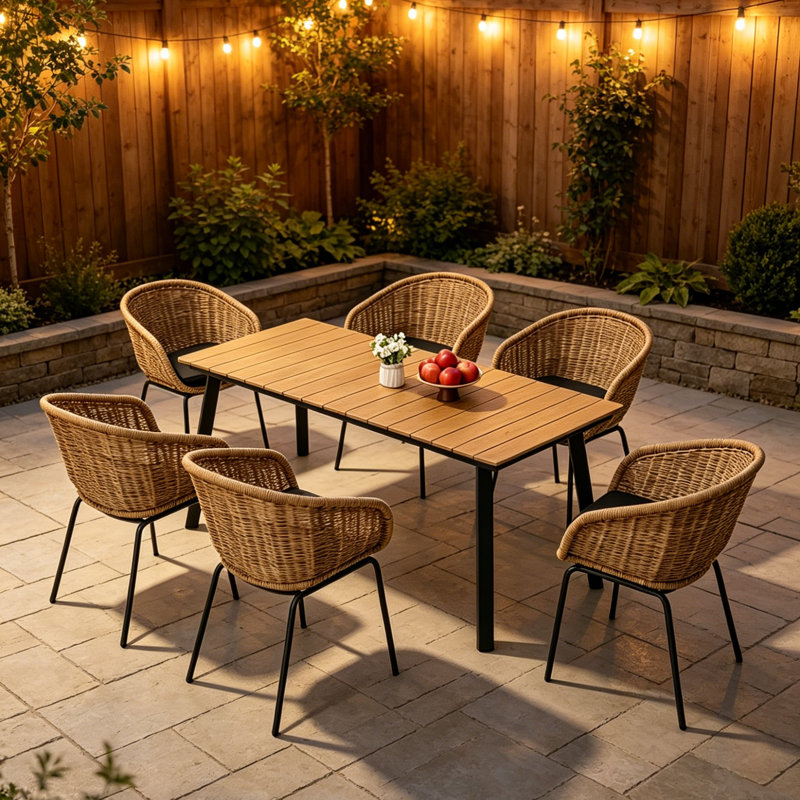 Ensemble repas 7 pièces avec table et chaises, ensemble repas de patio, structure en fer, rotin tissé à la main, brun