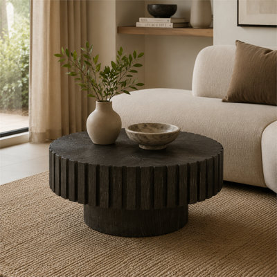 Table basse ronde de 31,4 pouces moderne et minimaliste noire, texture de bois naturel, facile à assembler, convenant à plusieurs espaces, y compris le salon, le bureau et la salle à manger.
