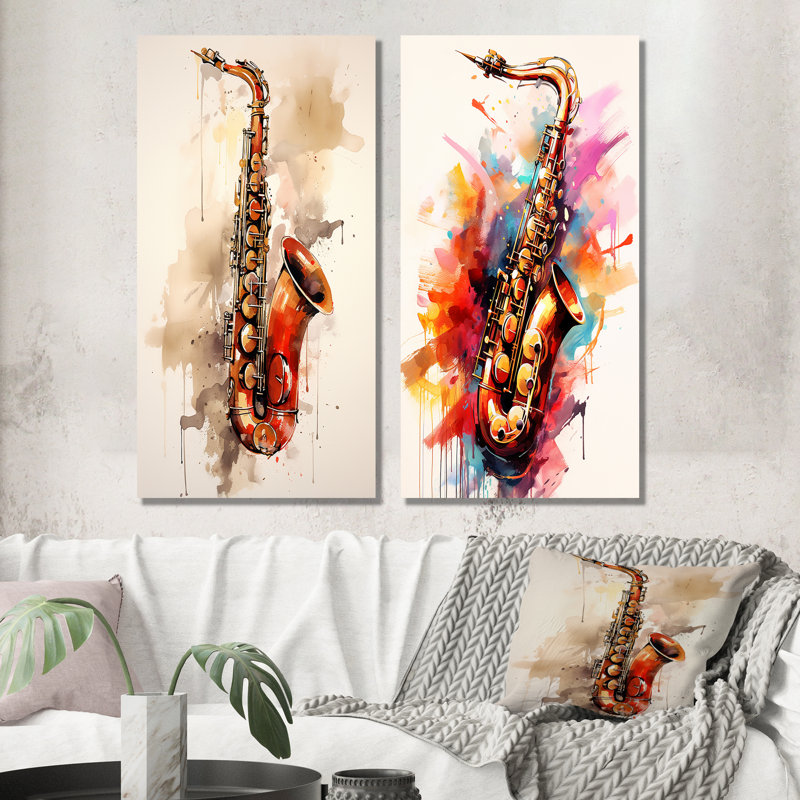 Vibrant Saxophone Swing - ensemble de 2 impressions de musique en métal, H 32 po x l 32 po