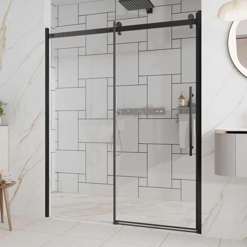 Porte de douche coulissante simple sans cadre l 60 po x H 72 po - verre trempé transparent de 1/4 po d'épaisseur avec système de rail à roulement en zinc et poignée en acier inoxydable