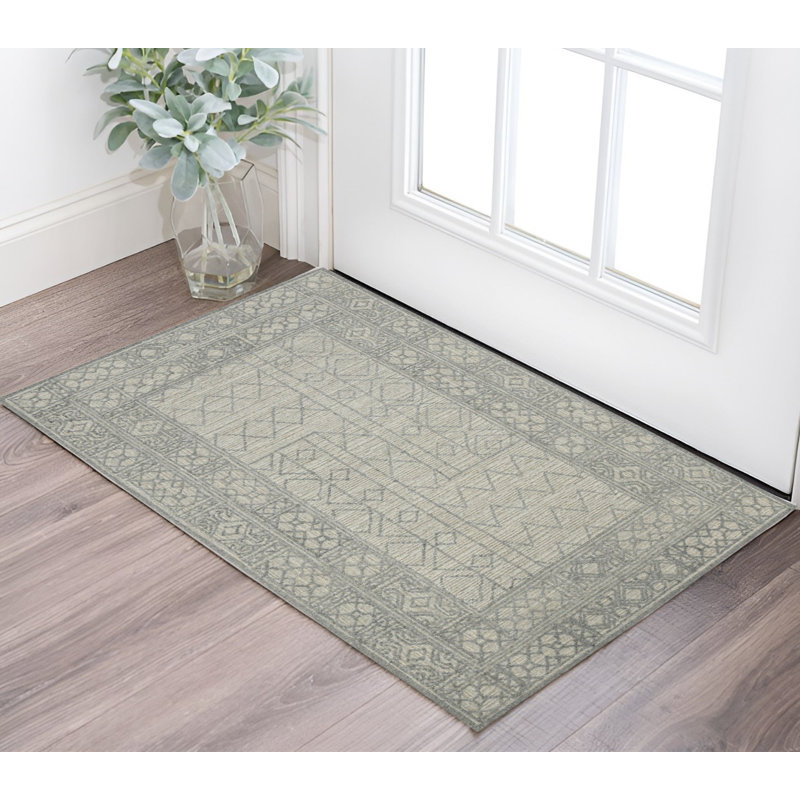2' X 3' Gray And Ivory Wool Southwestern Hand Hooked Area Rug