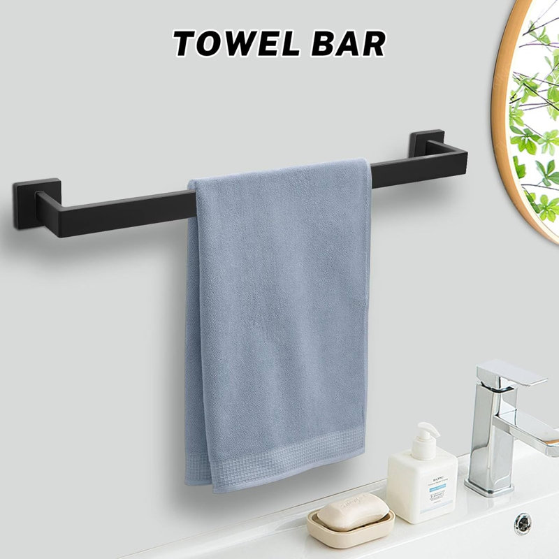 Stainless Steel Bathroom Hardware Set, 5-Piece Wall-Mounted Towel Bar Holder With Shelf, Matte Black