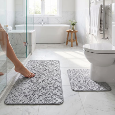 Ensemble de tapis de salle de bain à motif floral, tapis de bain et de toilette 2 pièces, tapis argent doux, absorbant, antidérapant, tapis de bain lavable à la machine et tapis de toilette contour, 39,5 po x 23,5 po + 20 po x 23,5 po