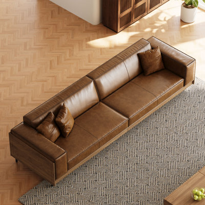 111.81" Mid-Century Modern Faux Leather Sofa with Solid Wood Frame, 3-Seater Couch with 3 Pillows, Brown