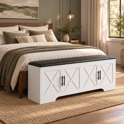 Banc de rangement avec repose-pieds blanc avec couvercle relevable, siège rembourré, mécanisme de fermeture lente et rangement pour couvertures spacieux