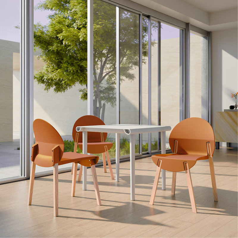 Summer - Ensemble de 4 chaises orange tropical - Pieds en bois de chêne rouge et ensemble de mobilier de salle à manger et de salon en PP