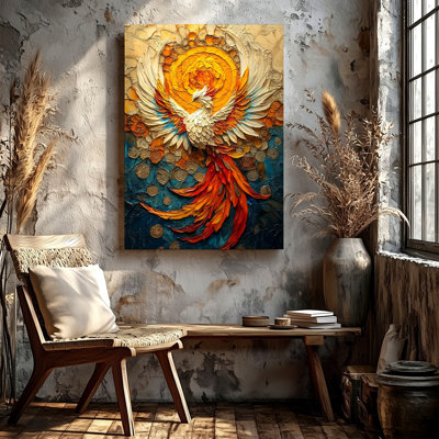 Phoenix Bird Abstract Textured Orange Blue Mythical Canvas Wall Art Print, Modern Abstract Animal Wildlife Artwork for Living Room Bedroom Office Hallway Apartment Gallery Wall Home Decor