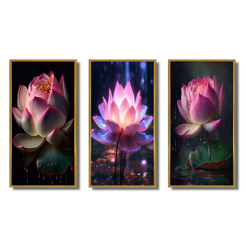 «Beautiful Blossoming Pink Lotus», 3 pièces sur toile, Cadre flottant doré, H 28 po x l 36 po