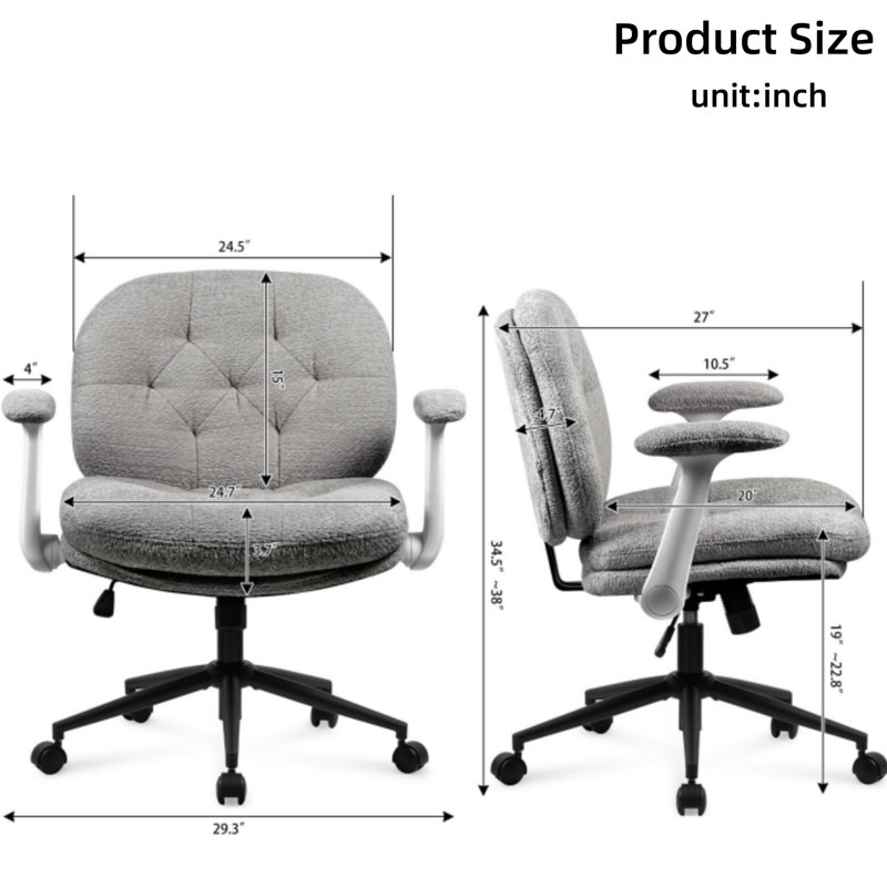 Cross-Leg Chair With Flip-Up Armrests, Castor-Equipped Cross-Leg Office Chair, Wide-Seat Swivel Chair, Adjustable Makeup Chair, Suitable For Home And Office Use, Gray
