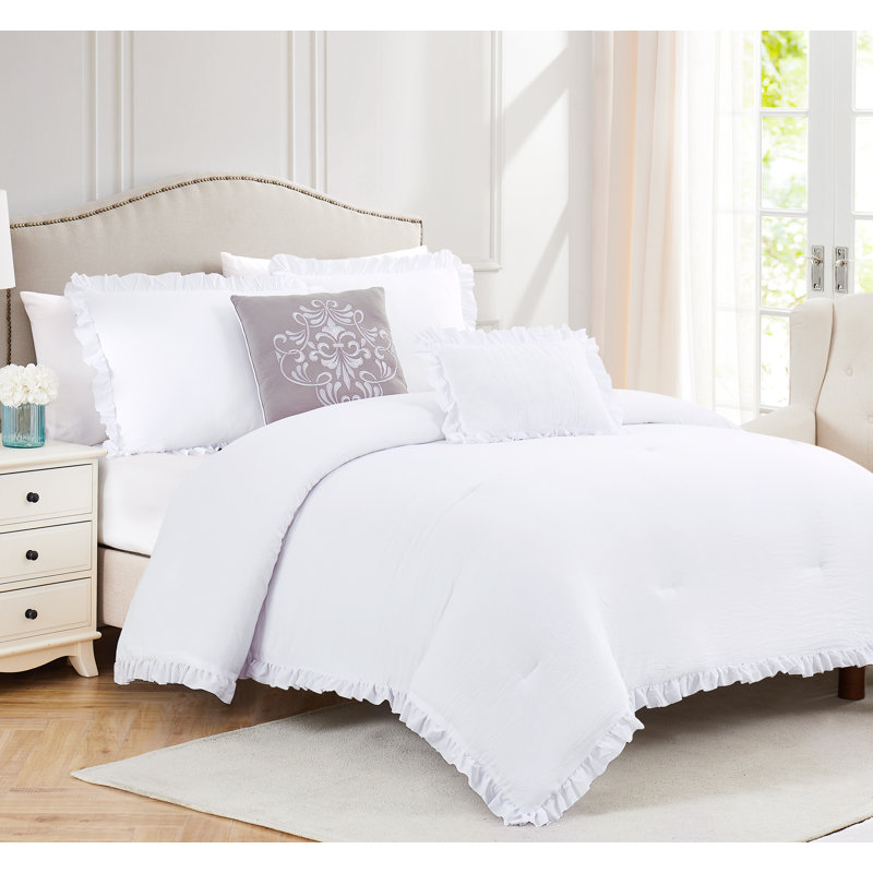 Ensemble d'édredon et coussin décoratif Portland Ruffle, Édredon très grand + 2 taies décoratives + 1 ta, Blanc