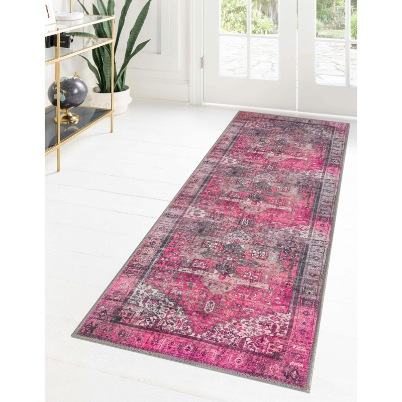 Tapis transitionnel de couleur rose-noir, Tapis de couloir 2 pi x 6 pi
