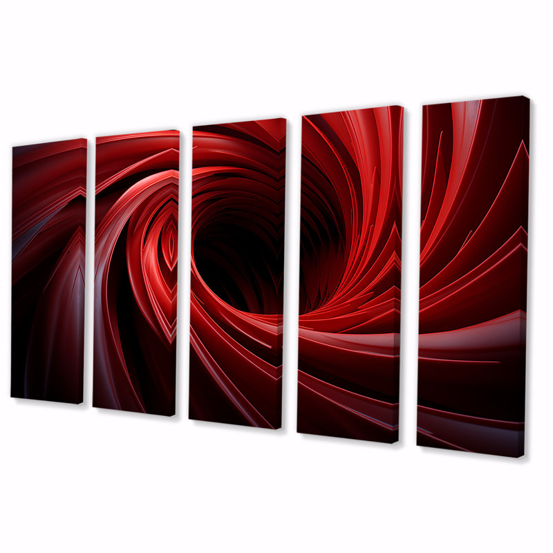 «Red Abstract Spiral Dreamscape II - Abstract Spirals», art mural 5 pièces pour le salon, H 28 po x l 60 po