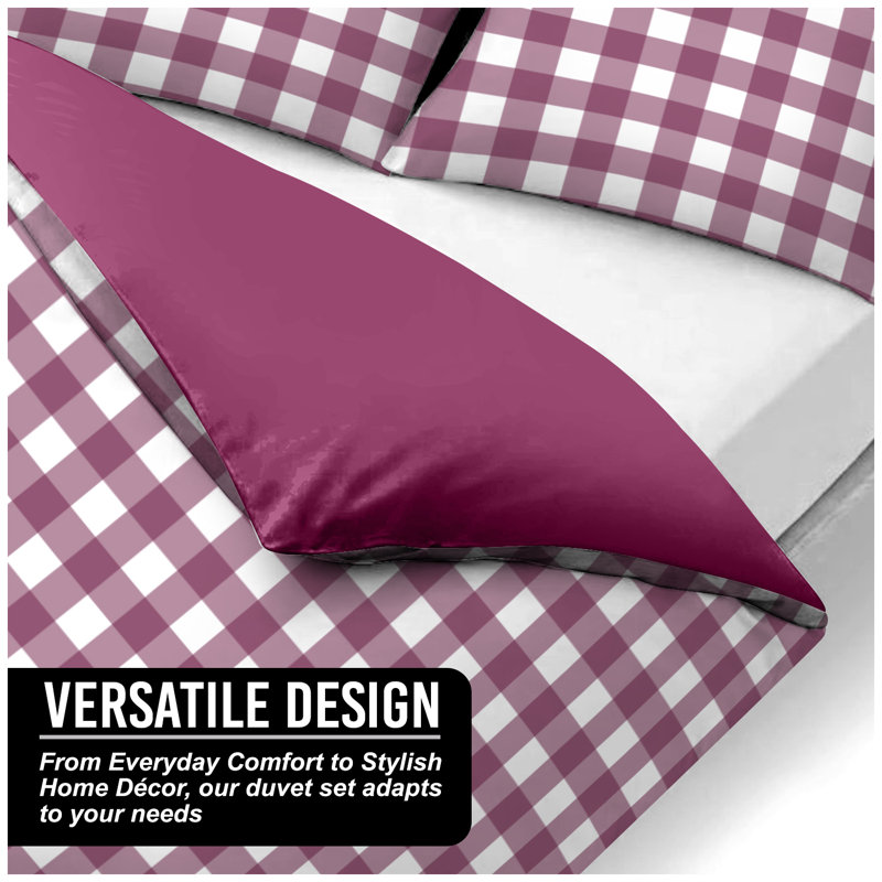 Luxury Gingham Microfibre Duvet Cover Set with Pillowcases Soft Breathable Easy Care Bedding All Sizes, Mulberry