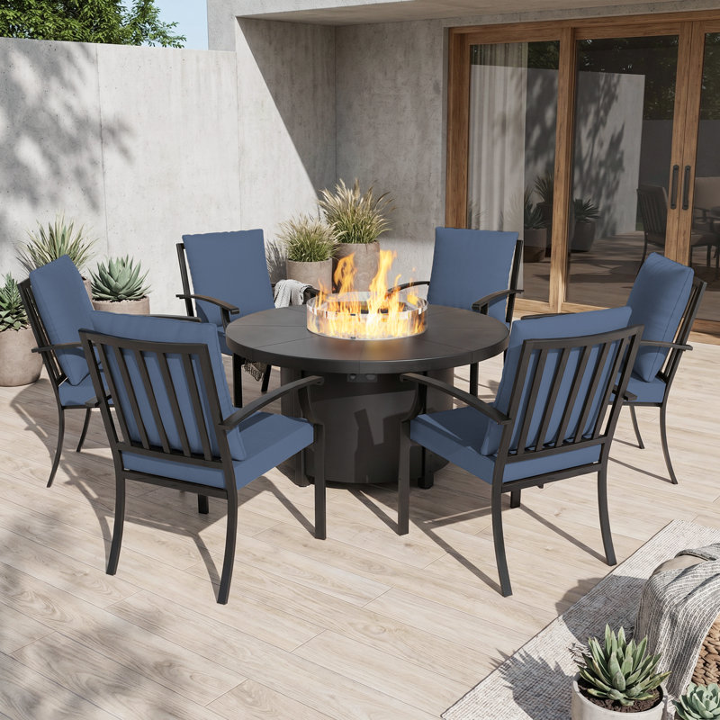 Ensemble repas d'extérieur 7 pièces avec table à gaz en aluminium de 48 po (40 000 BTU) et 6 chaises empilables à haut dossier