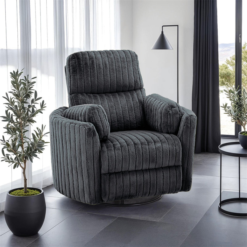 Power Glider Recliner W/ Swivel Dark Gray Finish Contemporary Style Curved Arms Pillow Fill Swivel Chair Primary Living Room