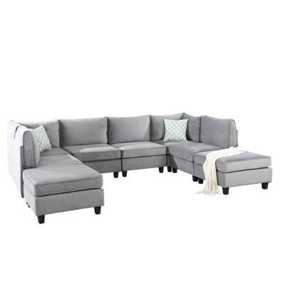 120" Gray Velvet 8pc Modular With 2 Corner Chairs, 4 Armless Chairs & Ottomans, Foam Filled Armrest Pad, Contemporary Living Room Furniture , Including Seatback,