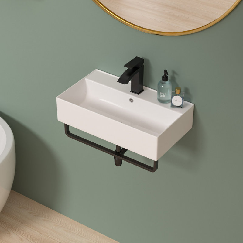 21" x 12" Wall Mounted Bathroom Sink with Towel Rack, White Rectangle Wall Hung Ceramic Lavatory Sink with Overflow and Faucet