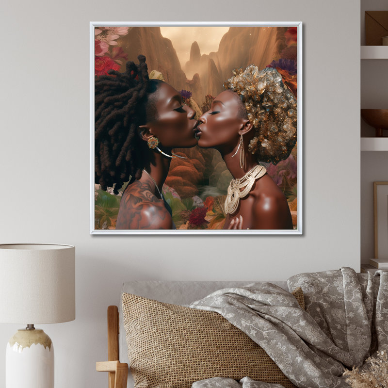«Kissing African Goddess Divine Love I», reproduction sur toile, Cadre flottant blanc, 36" H x 36" W