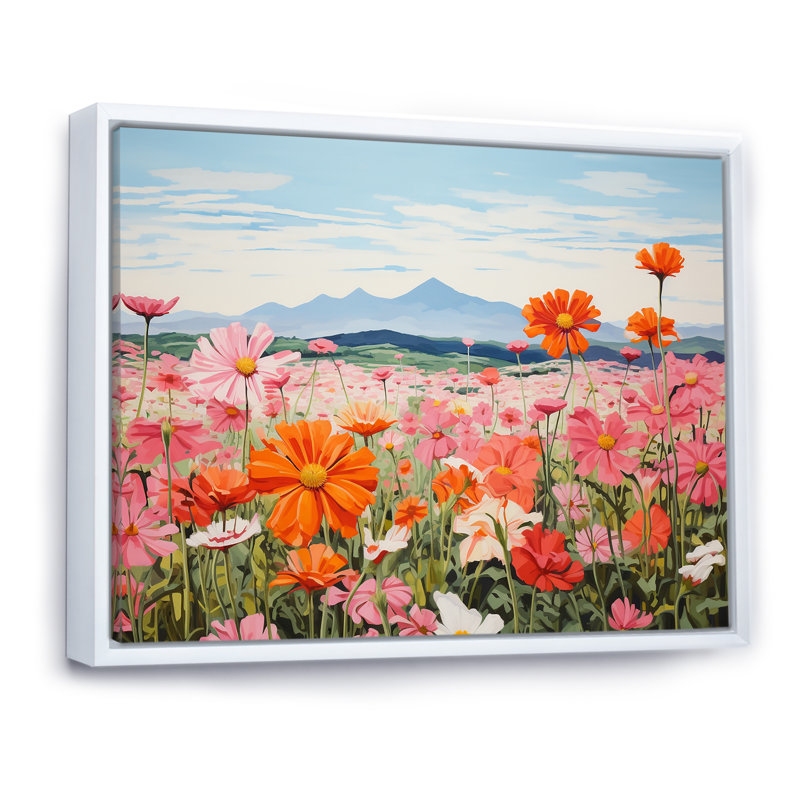 Zinnias Charm In Mountain I sur impression sur toile, Cadre flottant blanc, H 24 po x l 32 po x P 1 po