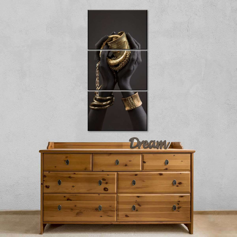 People, femme africaine, mains dorées sur toile, ensemble de 3 pièces, H 27 po x l 12 po x P 1 po