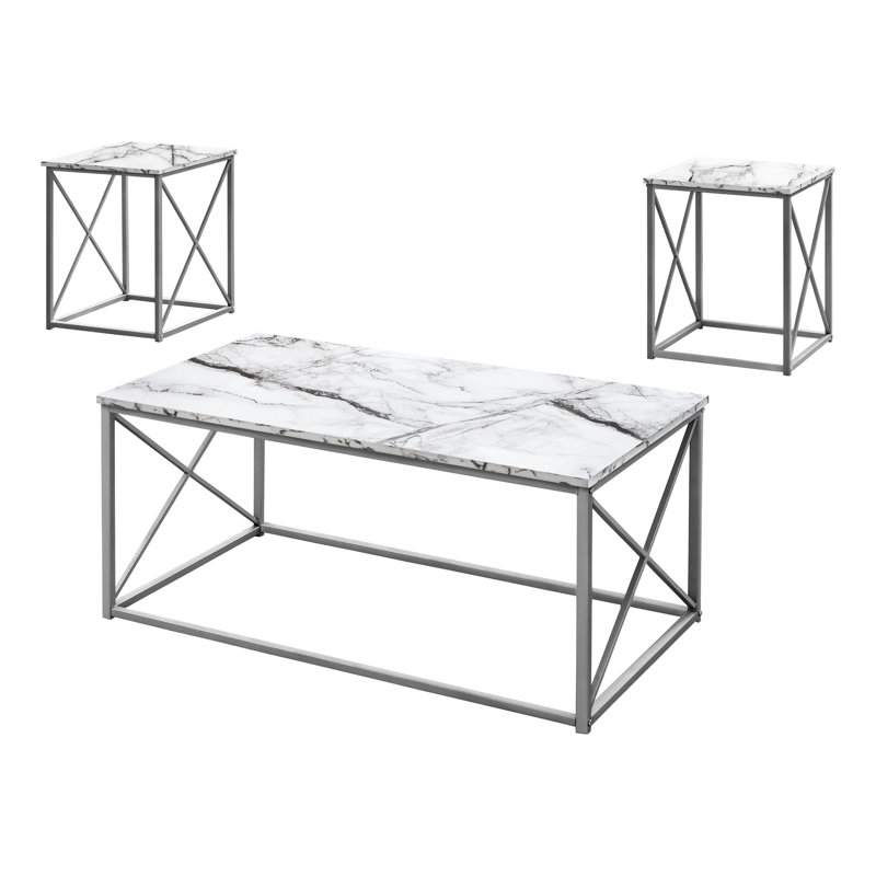 Table moderne 3 pièces - table basse et 2 tables de bout, surface en marbre blanc, base en métal gris