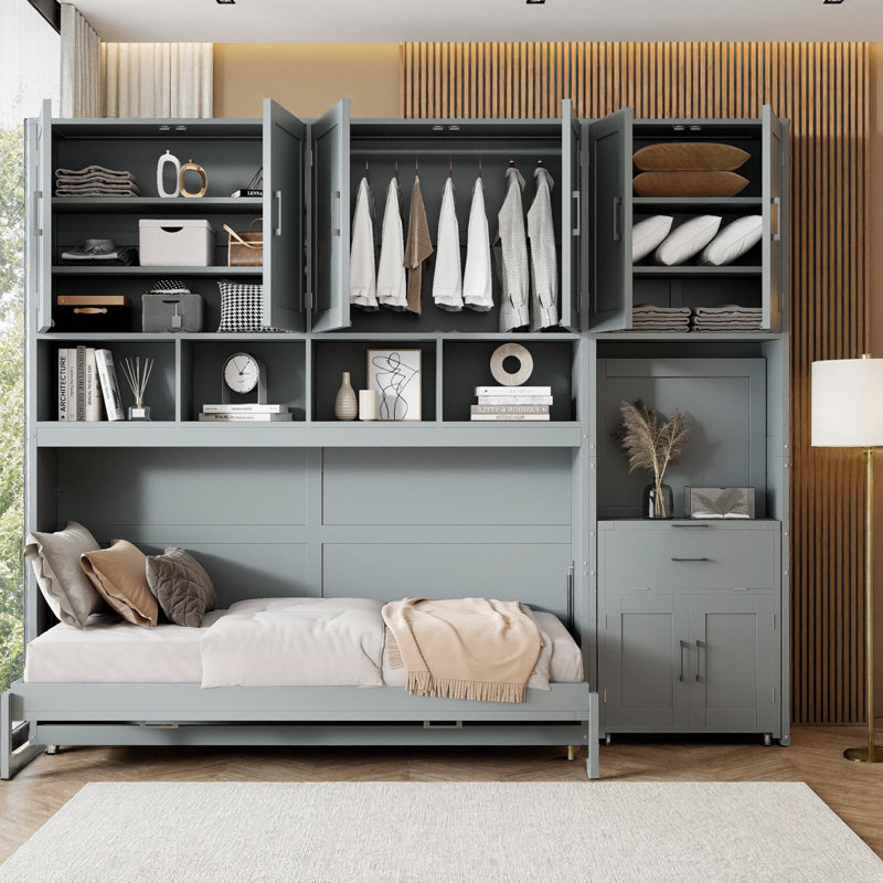 Lit escamotable simple avec tiroirs et bureau, Gray