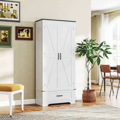 Armoire de cuisine de style campagnard de 72 po de hauteur - Armoire de rangement de cuisine avec tablettes réglables et 2 portes de grange et tiroir, unité de rangement polyvalente pour la salle à manger, bois