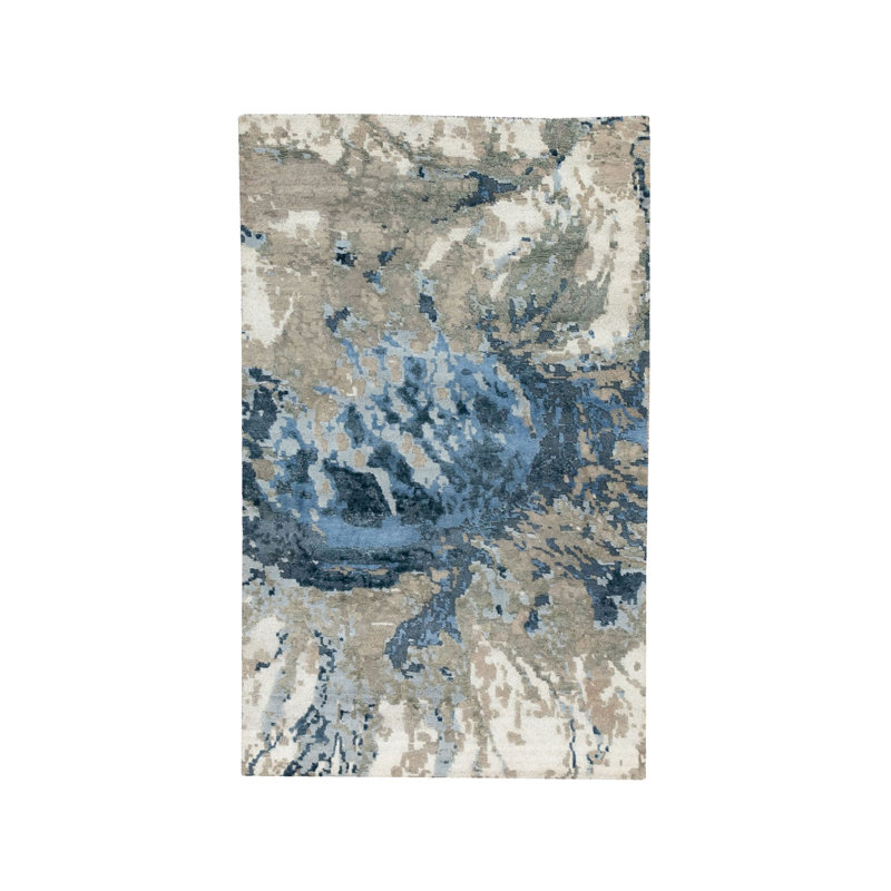 Tapis oriental noué à la main 3 pi 1 po x 5 pi en laine et soie à motif abstrait bleu et ivoire 6431A19490DB487F97DA0B1E4E421940