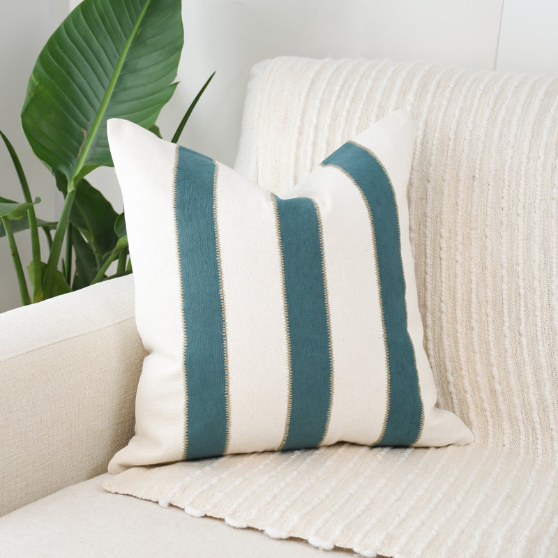 Jeté Boho bleu sarcelle et blanc, Carré 20 po, Rayé bleu / blanc