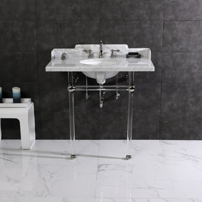 Lavabo console en marbre de Carrare de 36 po avec pieds en acrylique Kingston White LMS36MA6 Pemberton, marbre blanc / nickel poli
