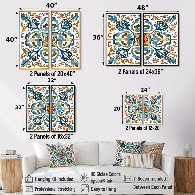«Méditerranée Tiles In Retro Blue VI», art mural moderne sur toile, 40" H x 40" W, Brown, Framed Print without Mat