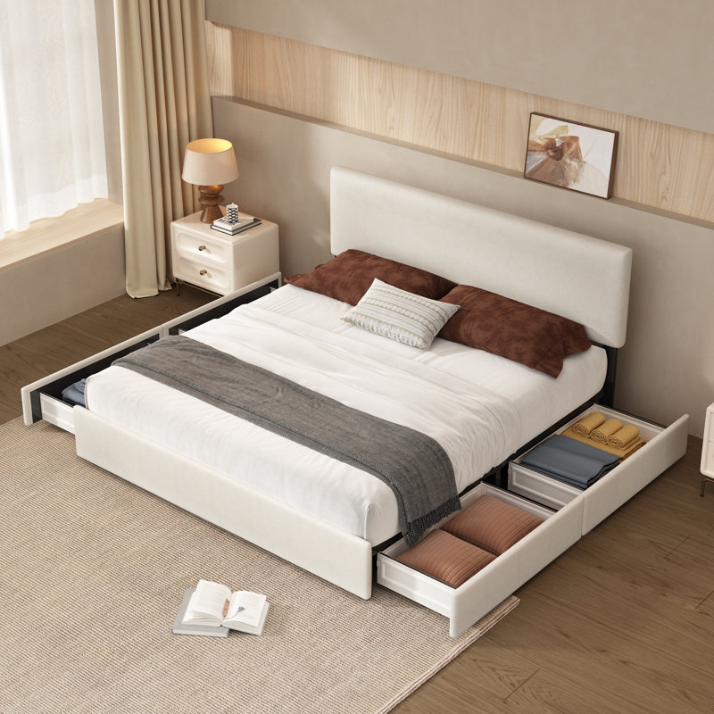4 Drawers Storage Upholstered Bed, Cream, King