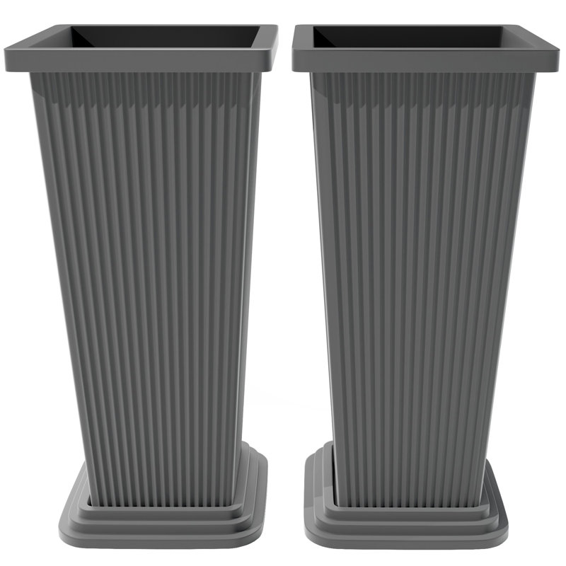 Set of 2 Tall Outdoor Planters, 24" with Drainage & Saucer, Grey, Gray
