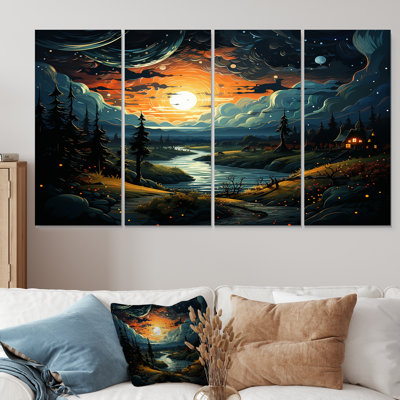 «Dreamy Mountain Scenery At Night I - Winter Landscape», art mural 4 pièces pour le salon