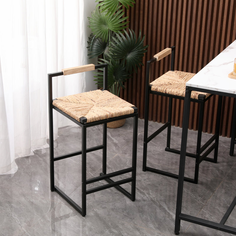 Stylish Water Hyacinth Woven Bar Stools With Iron Frame And Cushioned Seat For Home And Office, Dark Natural