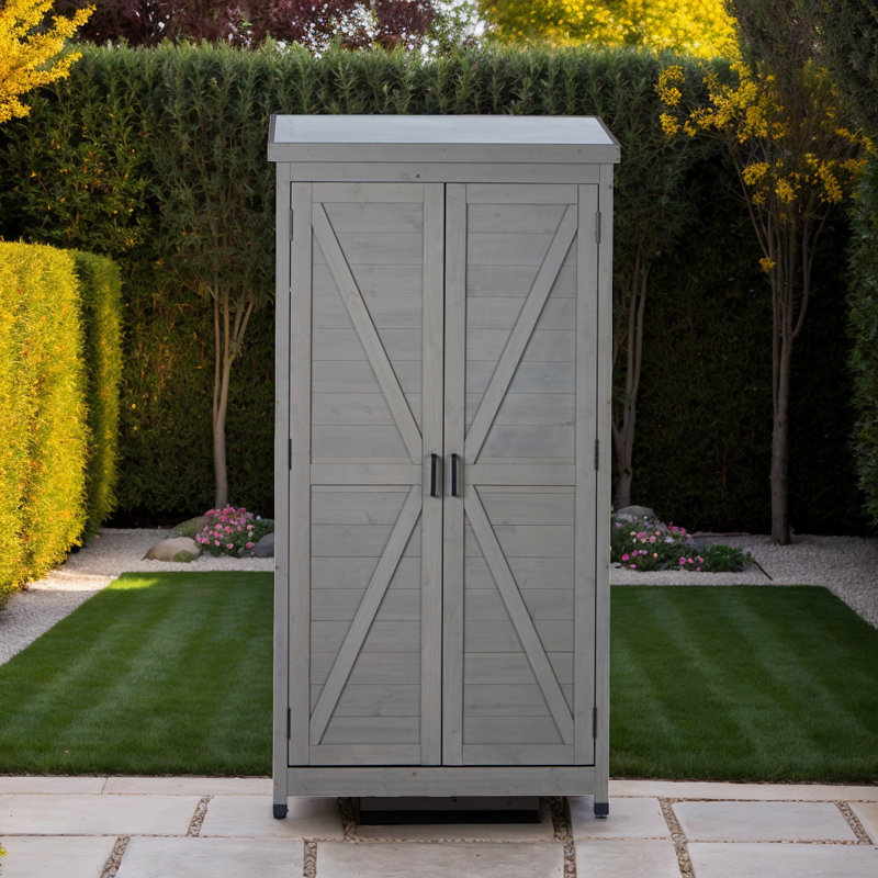 Tall Vertical Wooden Storage Shed with Metal Top & 3 Shelves, Garden Tool Cabinet