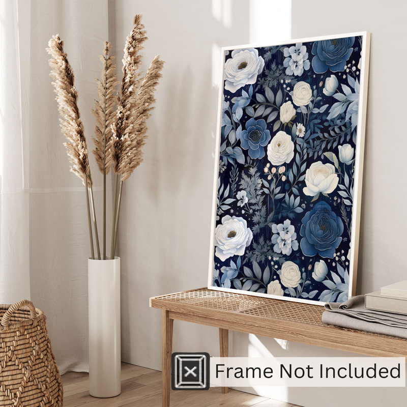 Impression florale de fleurs bleu marine, H 16 po x l 12 po