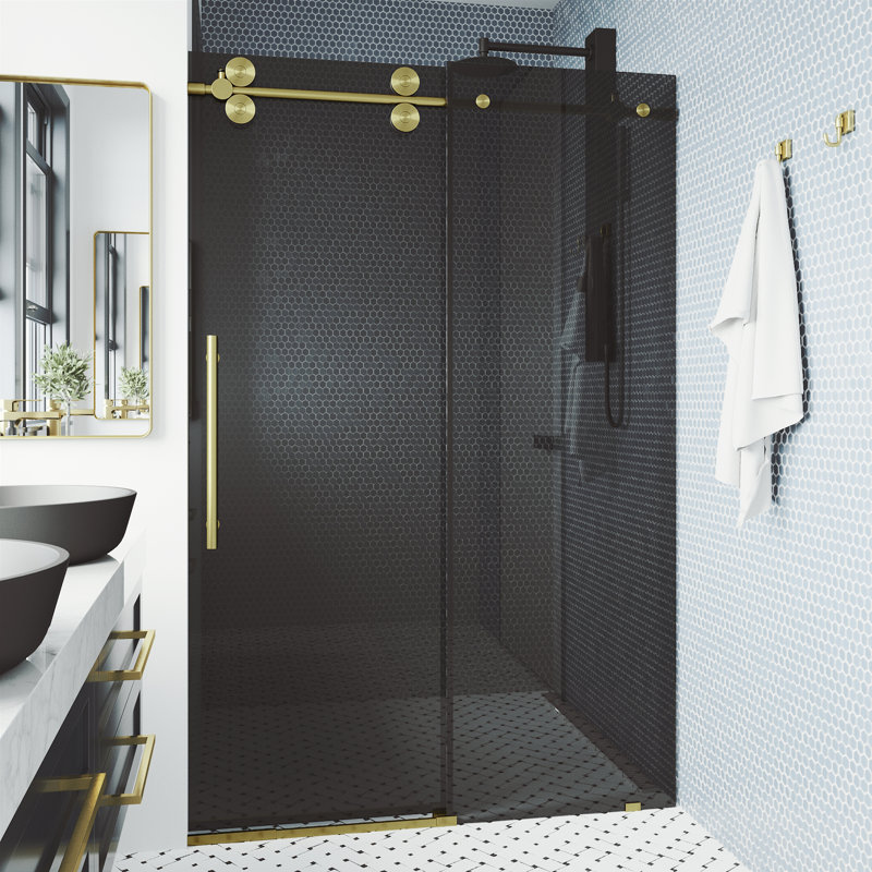 Elan 68-72" W x 74" H Sliding Frameless Shower Door with 3/8" Tinted Glass, Matte Brushed Gold