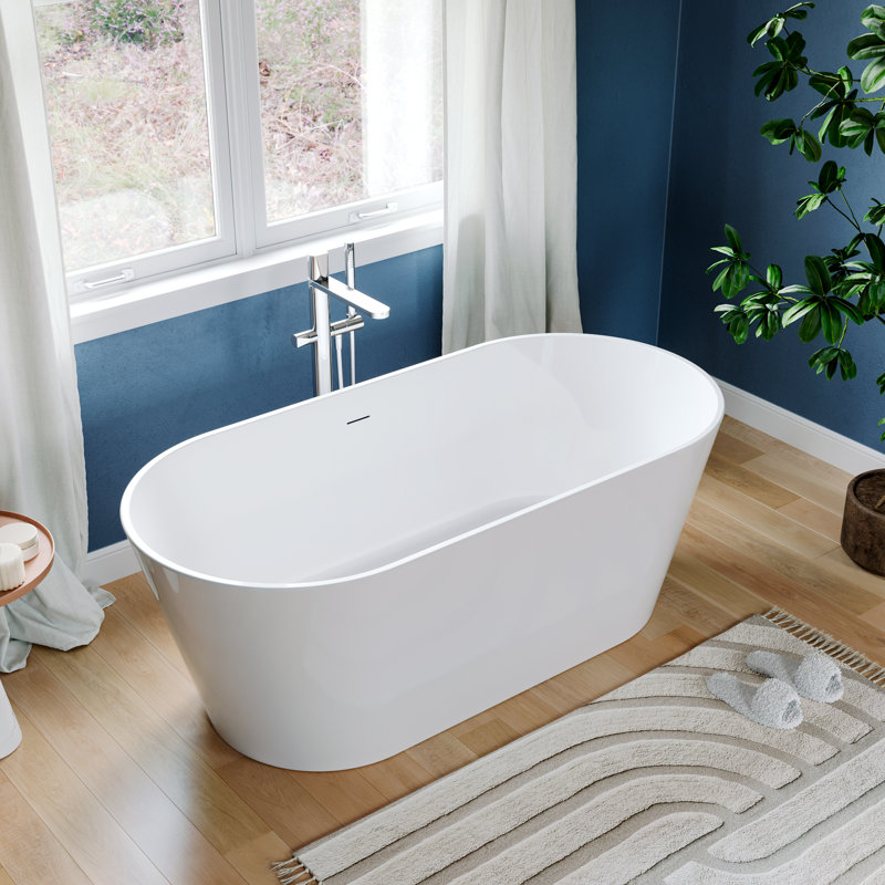 Baignoire autoportante en acrylique moderne - Baignoire de trempage blanche brillante avec bonde pré-percée et trop-plein