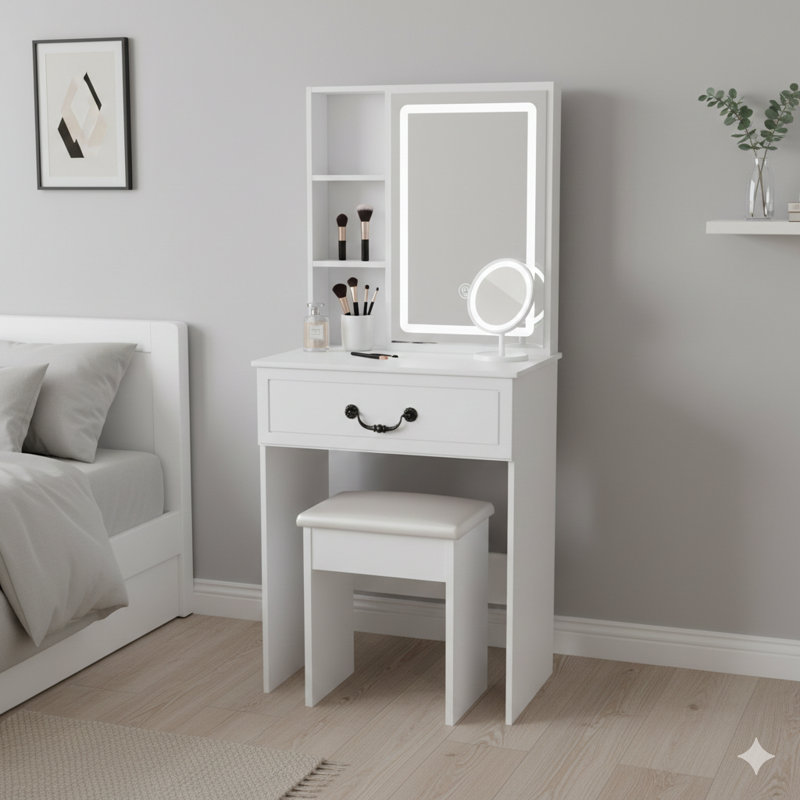Mini coiffeuse moderne avec miroir à DEL et rangement caché. Comprend un tabouret rembourré, un bureau de meuble-lavabo à luminosité réglable avec des tablettes à plusieurs niveaux et à l'épreuve de la poussière, en blanc.