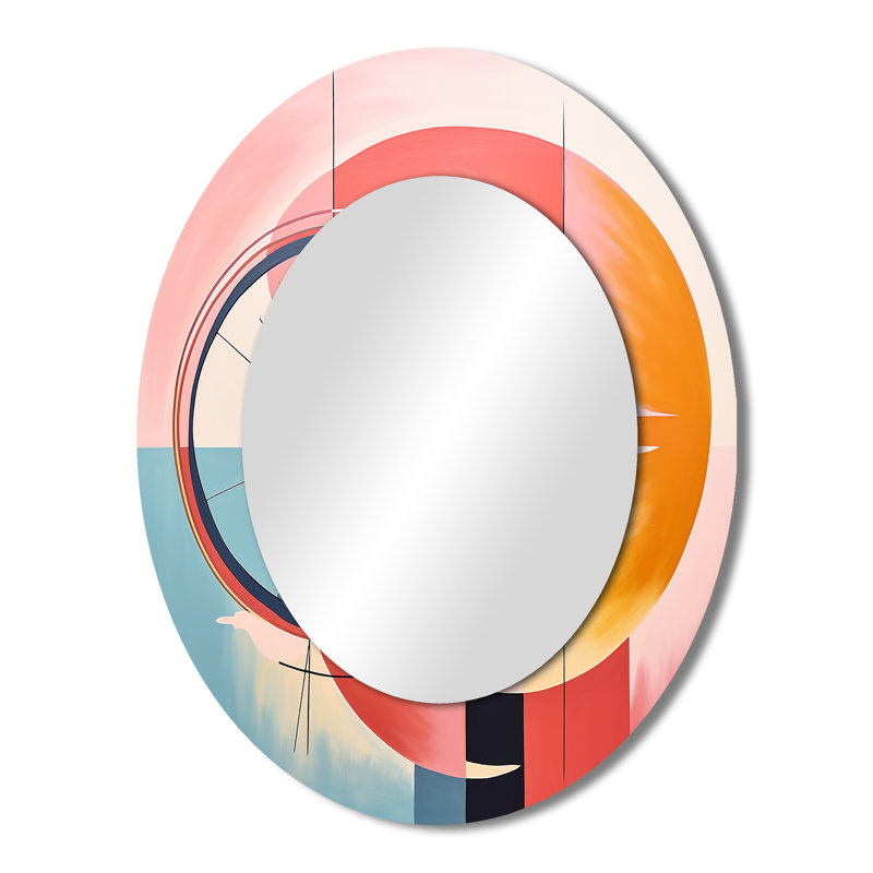 Abstrait lever de soleil paysage du milieu du siècle - grand miroir mural ovale sur métal, 43 po x 33 po