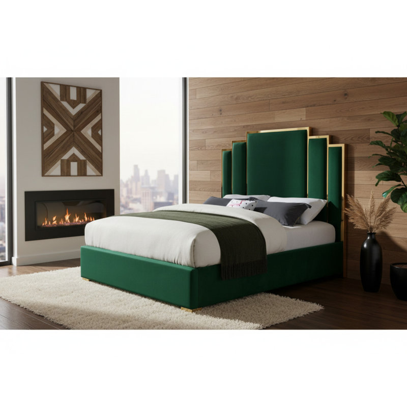 Lit plateforme tapissier Hugo, Très grand, Velours vert
