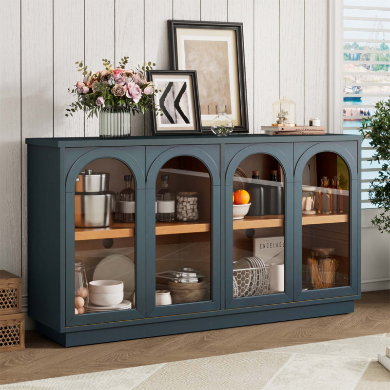 Grande armoire de rangement à 4 portes avec portes en verre, conception arquée et tablettes réglables pour une utilisation polyvalente dans la cuisine, la salle à manger et le salon