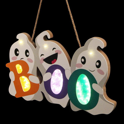 Enseigne d'Halloween fantôme BOO avec lumières, décoration de porte d'entrée suspendue effrayante, cintre d'Halloween fantôme mignon, porche illuminé, entrée et décoration saisonnière extérieure