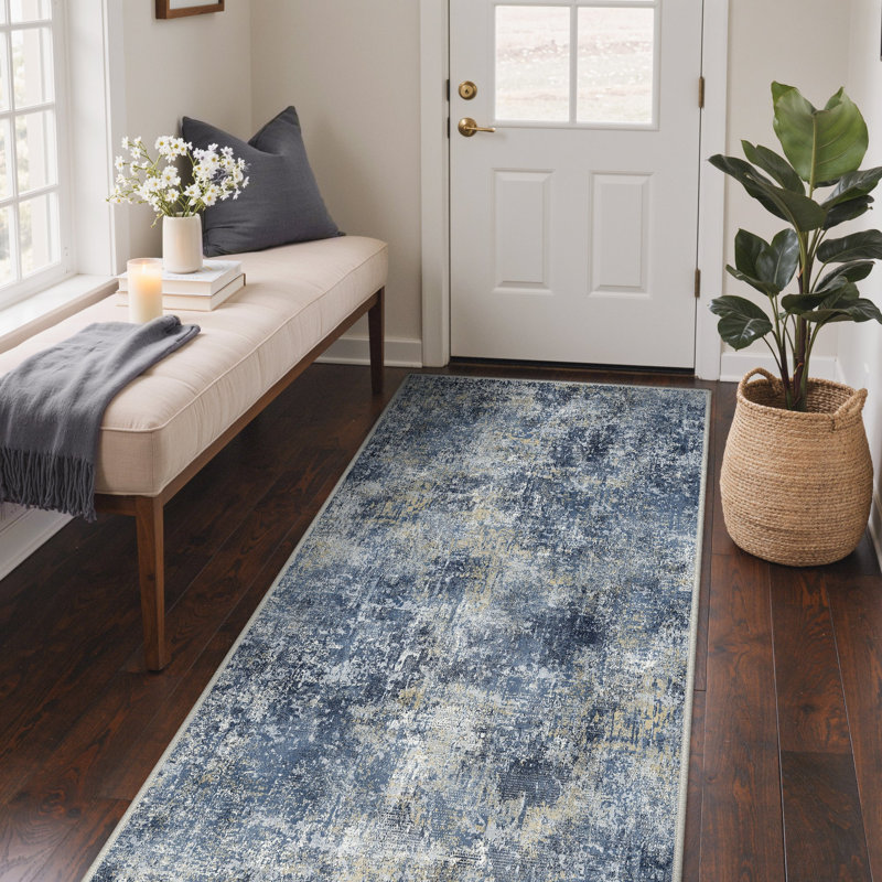 Abstract Area Rug, Rectangle 80 x 150 cm, Navy Blue/Tan