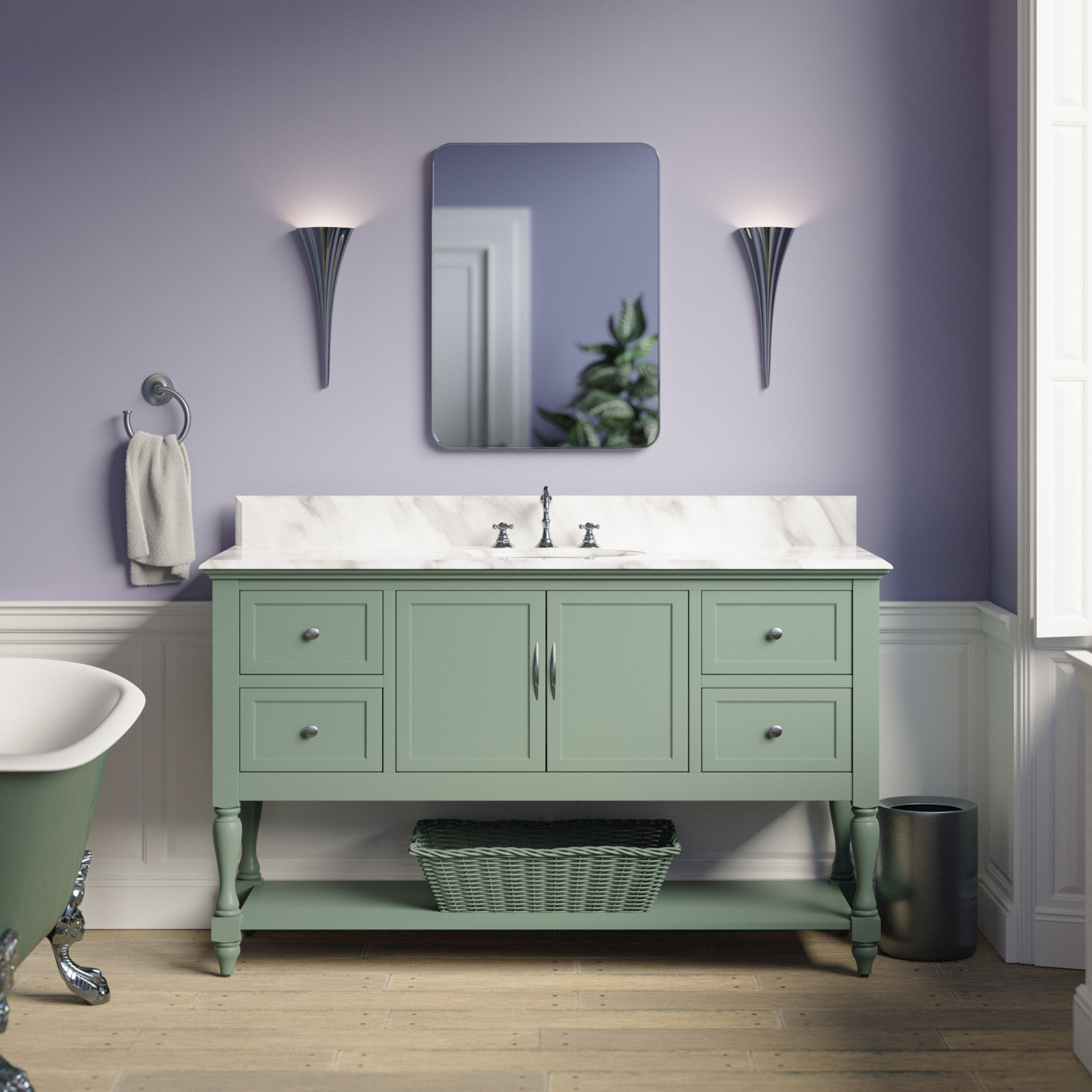 Hampton 60'' Single Bathroom Vanity, Carrara Marble, Sage Green