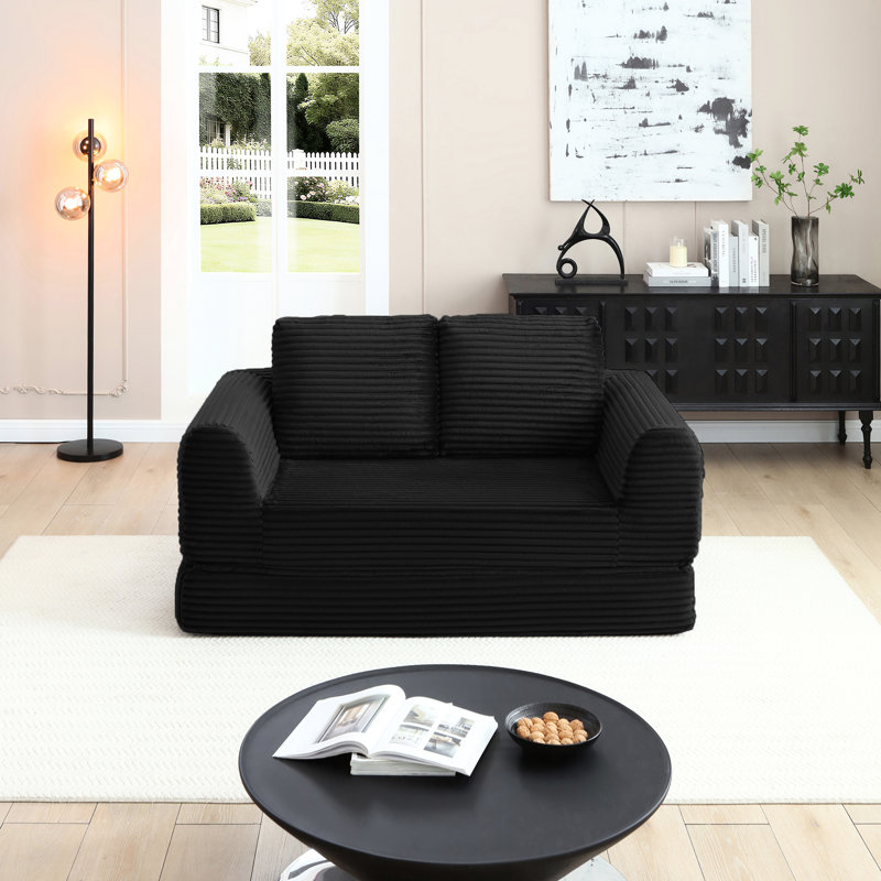 Lit convertible Corduroy 21 avec 2 coussins, conception modulaire, lit escamotable, noir, confort semblable à un nuage, cadre, aucun assemblage requis pour le salon futon moderne, fonctionnel, siège mi-moelleux,
