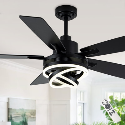 52" Modern 5-Blade Ceiling Fan with Dimmable Light and Remote, 6-Speed Black DC Motor with DIY LED Shade for Living Room