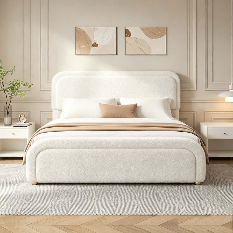 Full Size Boucle Bed Frame, Cloud Upholstered Platform Bed with Height Adjustable Headboard & Soft Rounded Corners, No Box Spring Needed, Noise Free, Easy Assembly